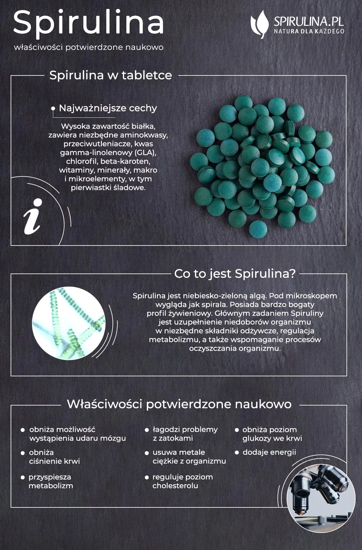 Spirulina - właściwości potwierdzone naukowo infografika